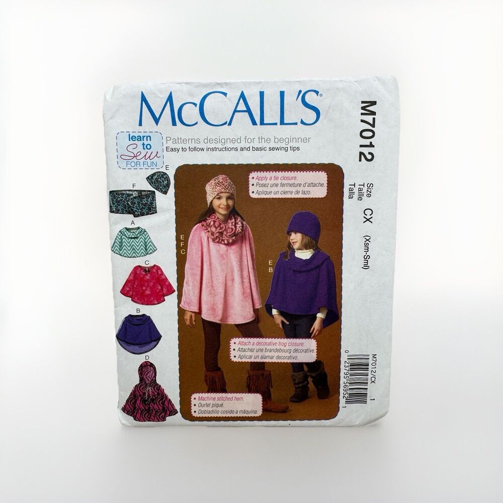 McCalls M7012 Girls Ponchos Hat Scarf Sewing Pattern Size XS Small Beginner